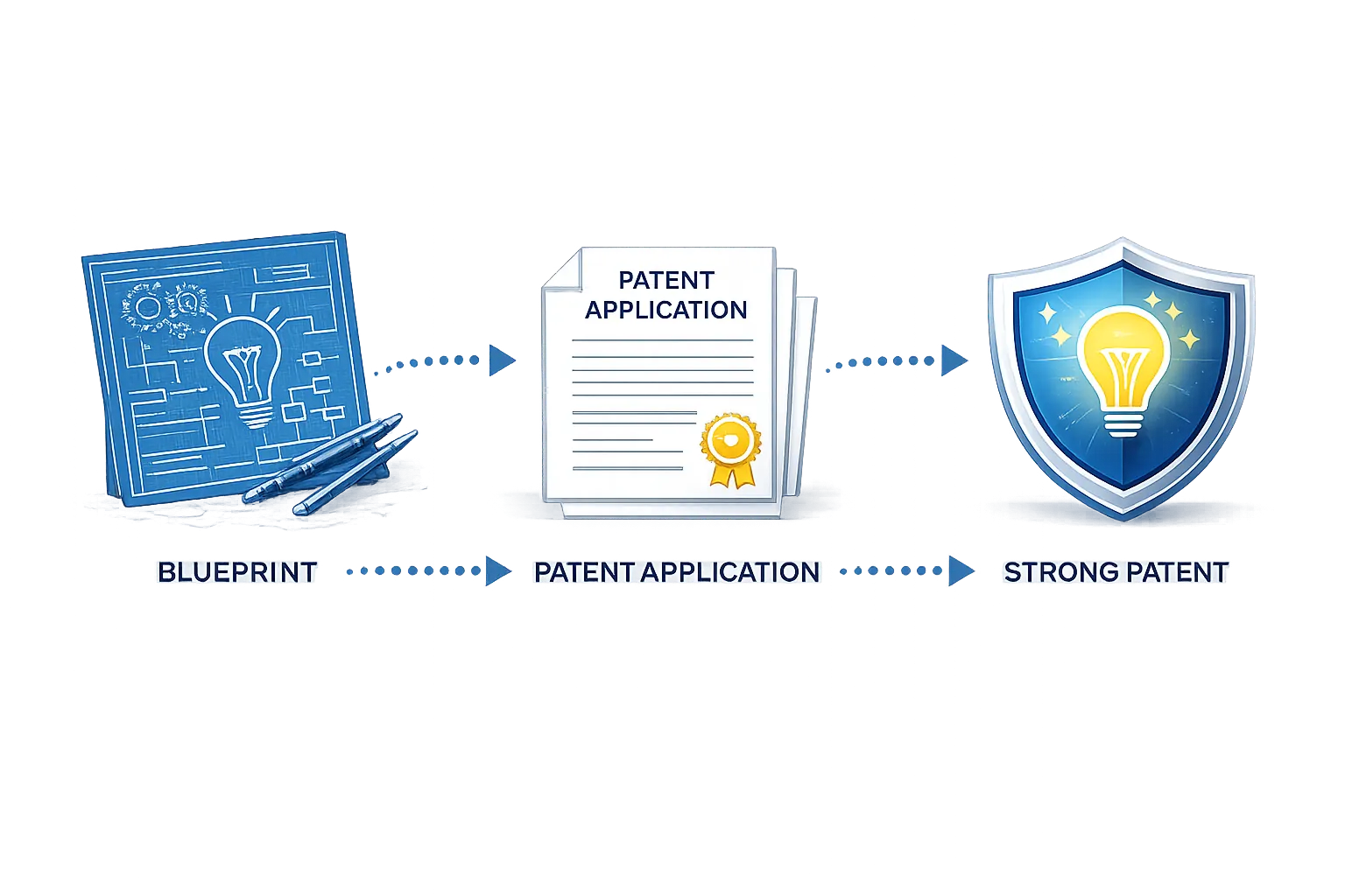 Blueprint, patent application, and strong patent shield illustration