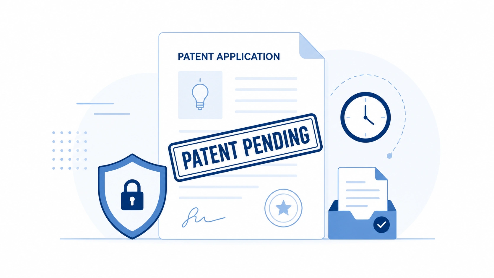 Patent application marked patent pending with filing and protection icons